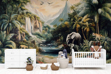 Load image into Gallery viewer, Jungle Safari Wallpaper Mural With Waterfall &amp; Animals | Elephant and Wildlife Wall Art For Kids Room | Tropical 3D Forest Wallpaper