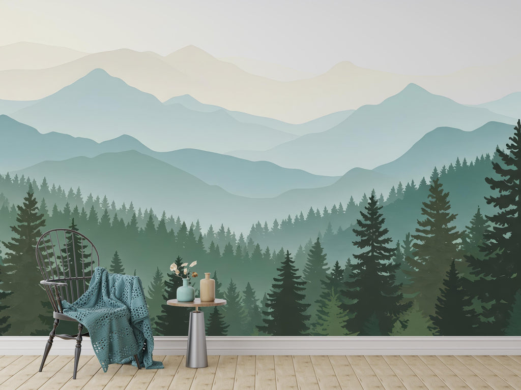 Mountain Wallpaper Peel and Stick Mountain Watercolor Wallpaper Mountain Wall Art Pine Tree Nature Wallpaper Blue Mountain Mural 831RS