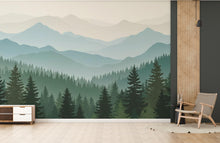 Load image into Gallery viewer, Mountain Wallpaper Peel and Stick Mountain Watercolor Wallpaper Mountain Wall Art Pine Tree Nature Wallpaper Blue Mountain Mural 831RS
