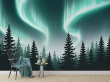 Load image into Gallery viewer, Northern Lights Wallpaper Peel and Stick Forest Watercolor Wallpaper Forest Wall Art Pine Tree Nature Wallpaper Blue Mountain Mural 832RS