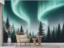 Load image into Gallery viewer, Northern Lights Wallpaper Peel and Stick Forest Watercolor Wallpaper Forest Wall Art Pine Tree Nature Wallpaper Blue Mountain Mural 832RS