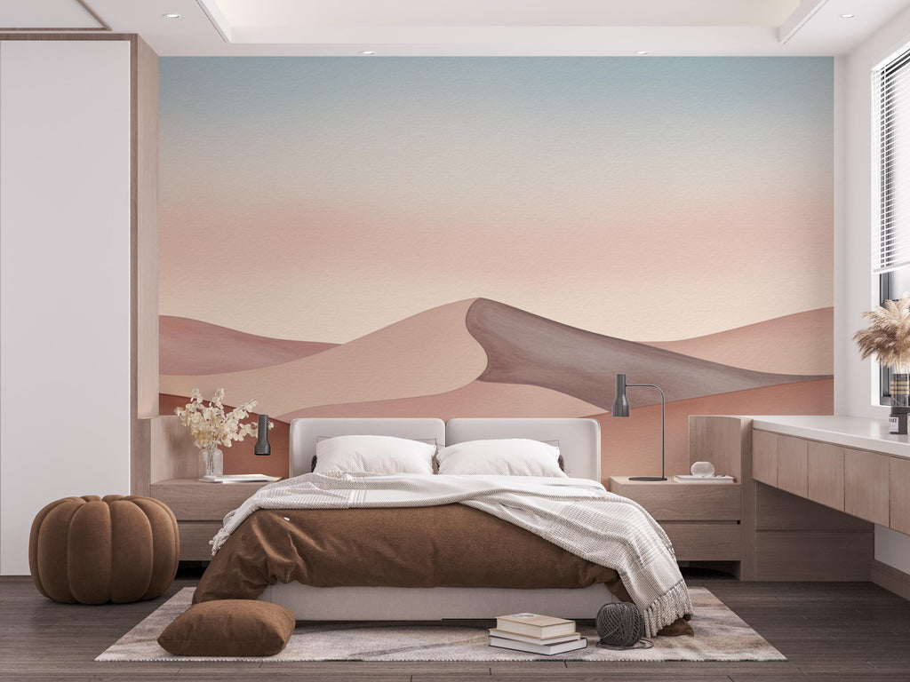 Desert Watercolor Sunset Wallpaper Mural – Elegant Warm Toned Dune Landscape with Cactus & Mesas – Terracotta Peach Wall Art Decor 859RS