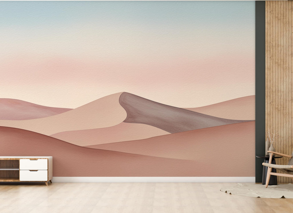 Desert Watercolor Sunset Wallpaper Mural – Elegant Warm Toned Dune Landscape with Cactus & Mesas – Terracotta Peach Wall Art Decor 859RS