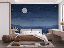 Load image into Gallery viewer, Night Sky Watercolor Starry Luxury Wallpaper Mural – Full Moon &amp; Golden Stars Wall Art for Bedroom, Living Room, Nursery Decor 861RS