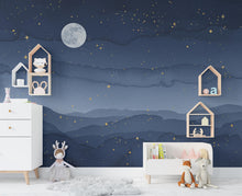 Load image into Gallery viewer, Night Sky Watercolor Starry Luxury Wallpaper Mural – Full Moon &amp; Golden Stars Wall Art for Bedroom, Living Room, Nursery Decor 861RS