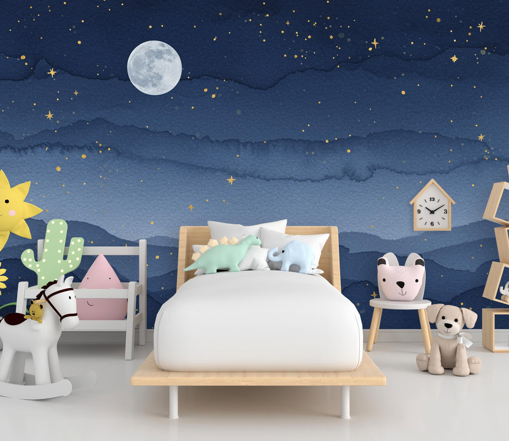 Night Sky Watercolor Starry Luxury Wallpaper Mural – Full Moon & Golden Stars Wall Art for Bedroom, Living Room, Nursery Decor 861RS