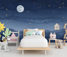 Load image into Gallery viewer, Night Sky Watercolor Starry Luxury Wallpaper Mural – Full Moon &amp; Golden Stars Wall Art for Bedroom, Living Room, Nursery Decor 861RS