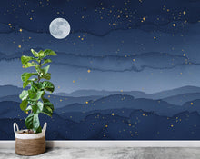 Load image into Gallery viewer, Night Sky Watercolor Starry Luxury Wallpaper Mural – Full Moon &amp; Golden Stars Wall Art for Bedroom, Living Room, Nursery Decor 861RS