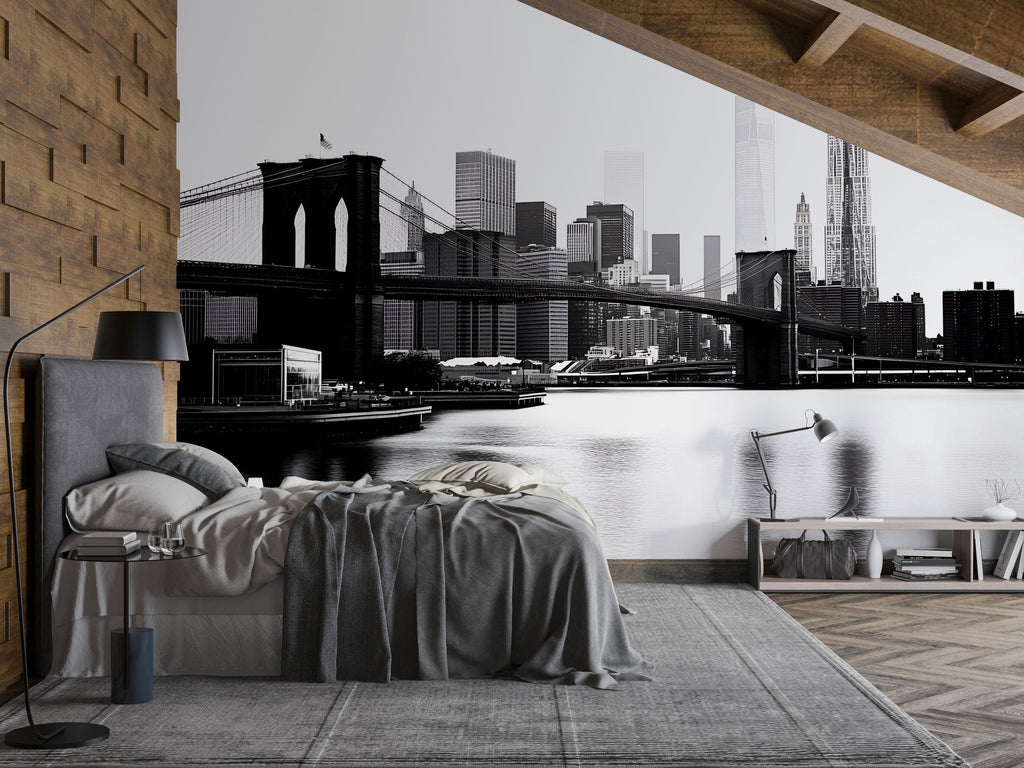 Brooklyn Bridge Wallpaper Mural, Black And White New York City Skyline Wall Art, Modern 3D Cityscape Wallpaper For Living Room Bedroom