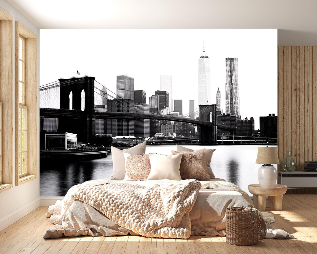 Brooklyn Bridge Wallpaper Mural, Black And White New York City Skyline Wall Art, Modern 3D Cityscape Wallpaper For Living Room Bedroom