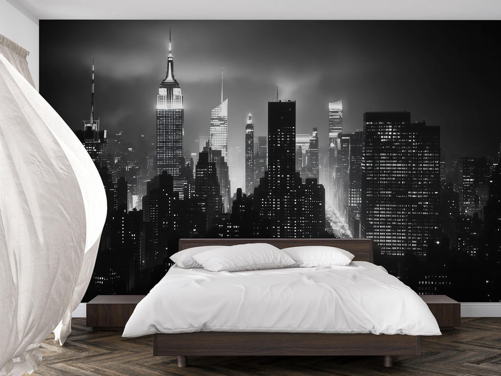 Black And White New York City Skyline Wallpaper Mural – Modern Office Wall Decor, NYC Empire State Building Wall Art, 3D Wallpaper For Home