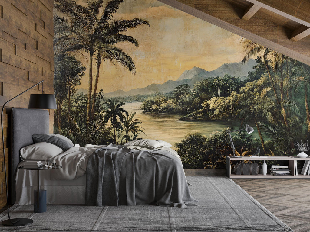 Vintage Tropical Landscape 3D Wallpaper Mural | Rustic Palm Tree Wall Art For Living Room & Office | Retro Jungle Peel And Stick Wallpaper