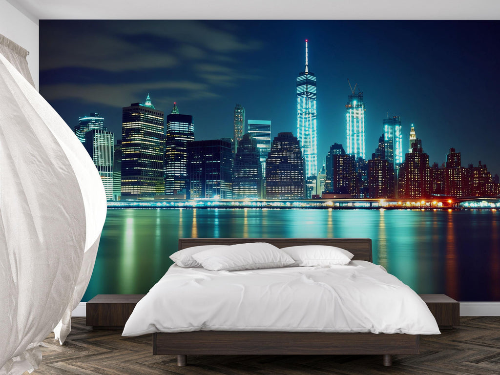 City Skyline Night Wallpaper Mural – Modern 3D New York Style Wall Decor for Bedroom, Living Room, Office – Stylish Gift Bold Room Look