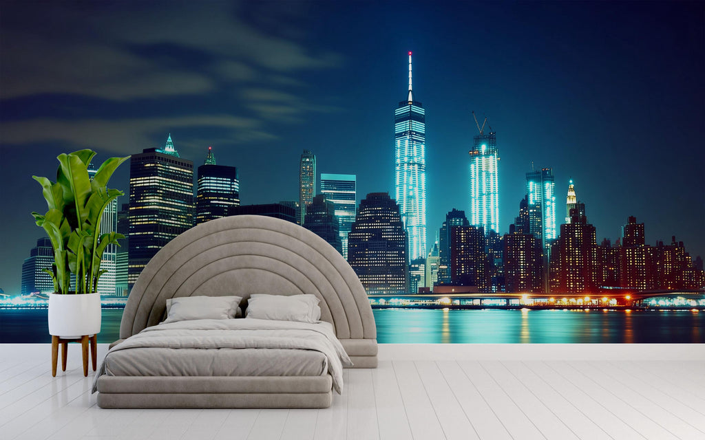 City Skyline Night Wallpaper Mural – Modern 3D New York Style Wall Decor for Bedroom, Living Room, Office – Stylish Gift Bold Room Look