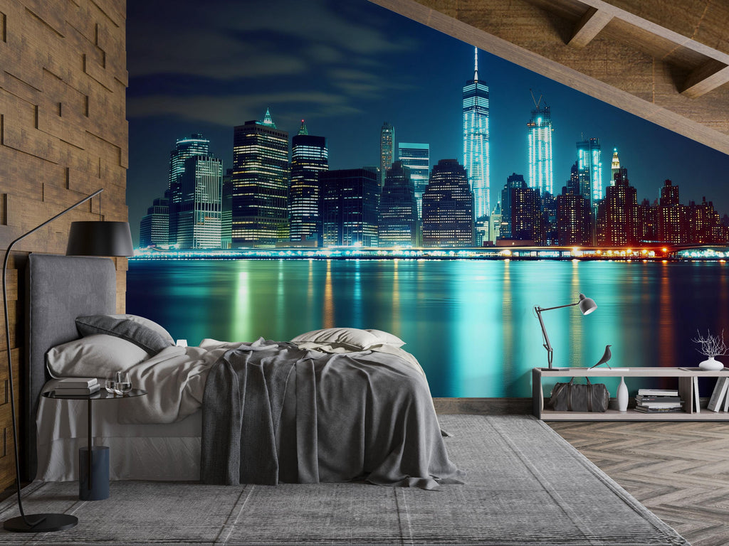 City Skyline Night Wallpaper Mural – Modern 3D New York Style Wall Decor for Bedroom, Living Room, Office – Stylish Gift Bold Room Look