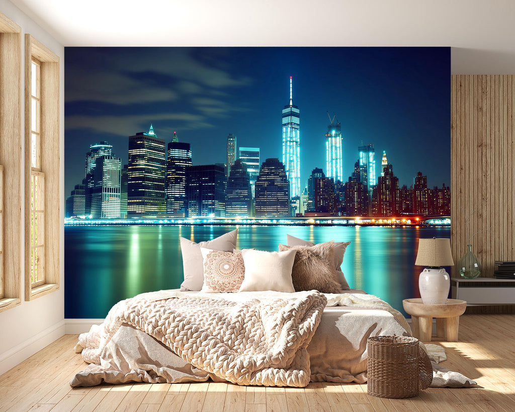 City Skyline Night Wallpaper Mural – Modern 3D New York Style Wall Decor for Bedroom, Living Room, Office – Stylish Gift Bold Room Look