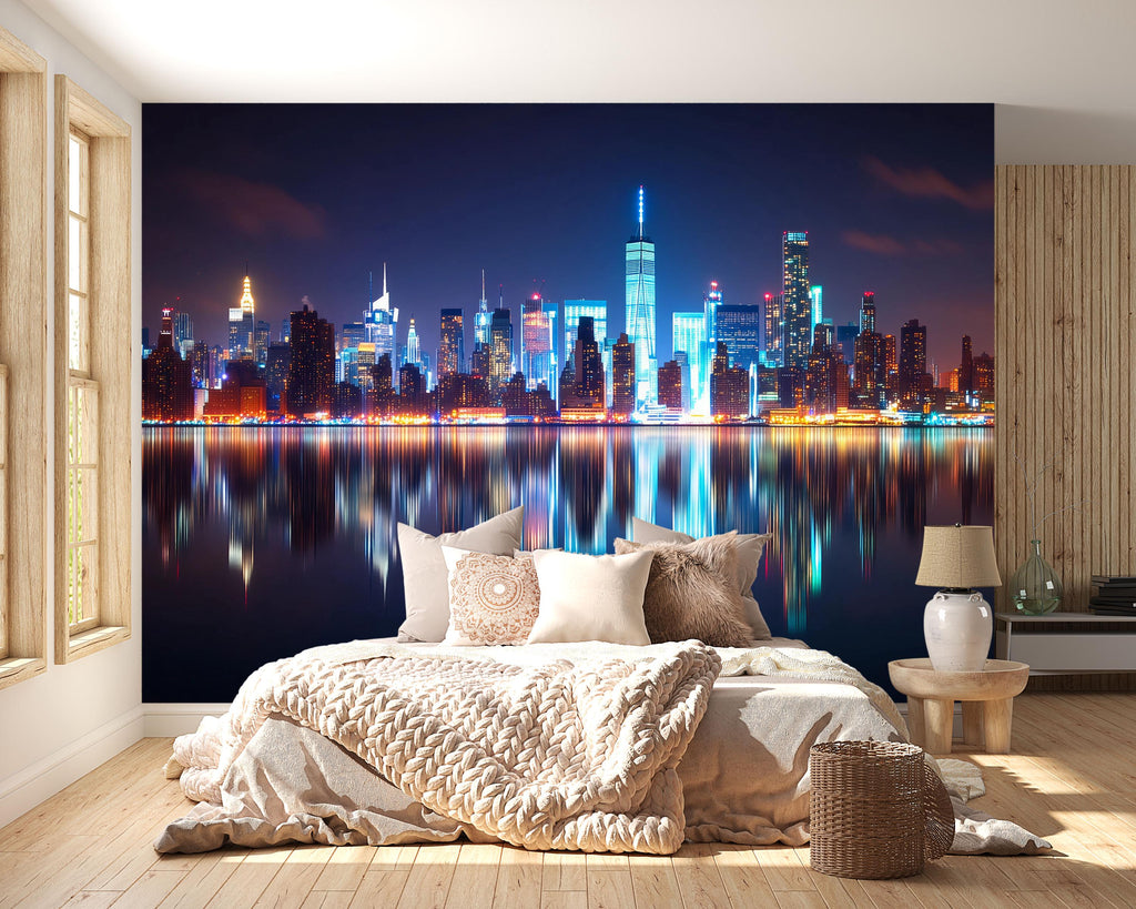 New York City Skyline Wallpaper Mural At Night – Modern 3D Cityscape Wall Decor For Bedroom Living Room Office | Stylish Bold Gift For Home