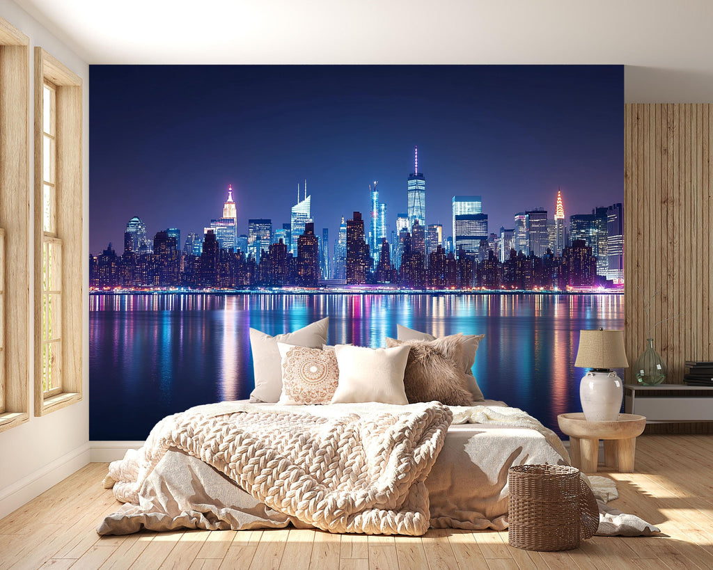 New York City Night Skyline Wallpaper Mural – 3D Modern City Lights Wall Decor for Bedroom Living Room Office Stylish Bold Gift Idea