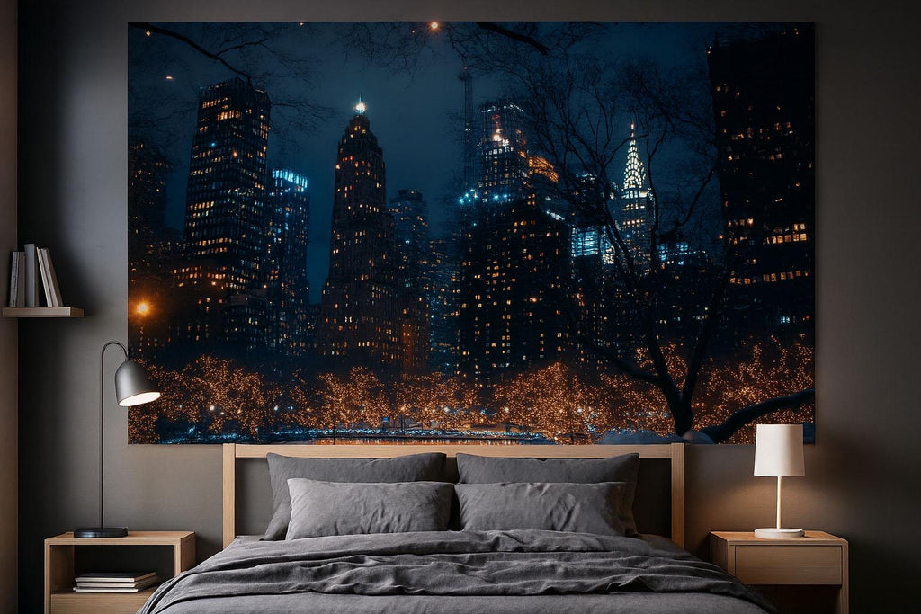 NYC Night Skyline Wallpaper Mural – 3D City Lights Wall Decor For Bedroom Or Living Room – Modern Bold Stylish Wall Art Gift Idea For Home