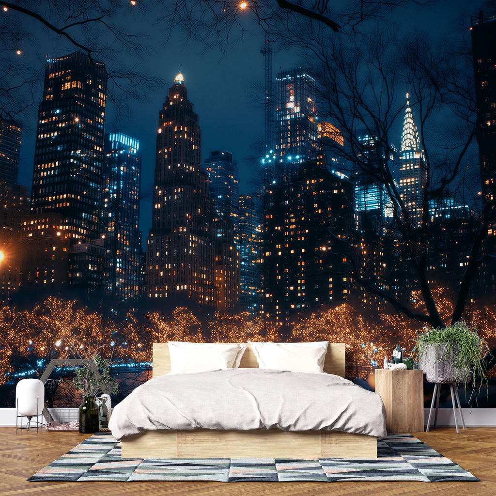 NYC Night Skyline Wallpaper Mural – 3D City Lights Wall Decor For Bedroom Or Living Room – Modern Bold Stylish Wall Art Gift Idea For Home