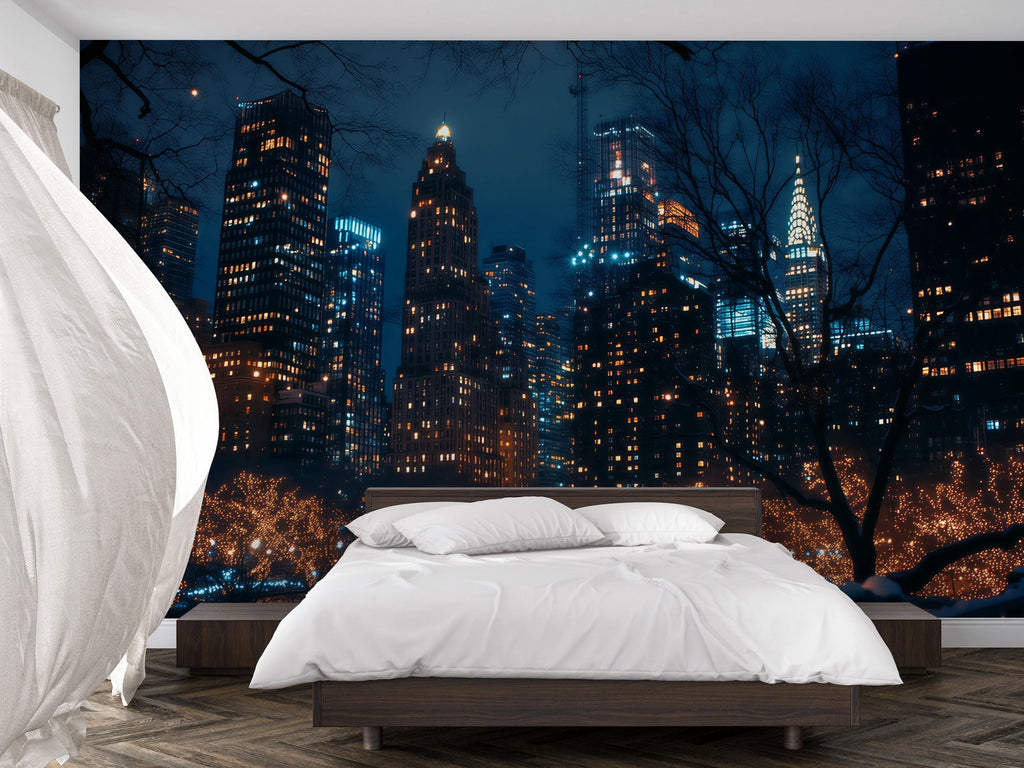 NYC Night Skyline Wallpaper Mural – 3D City Lights Wall Decor For Bedroom Or Living Room – Modern Bold Stylish Wall Art Gift Idea For Home
