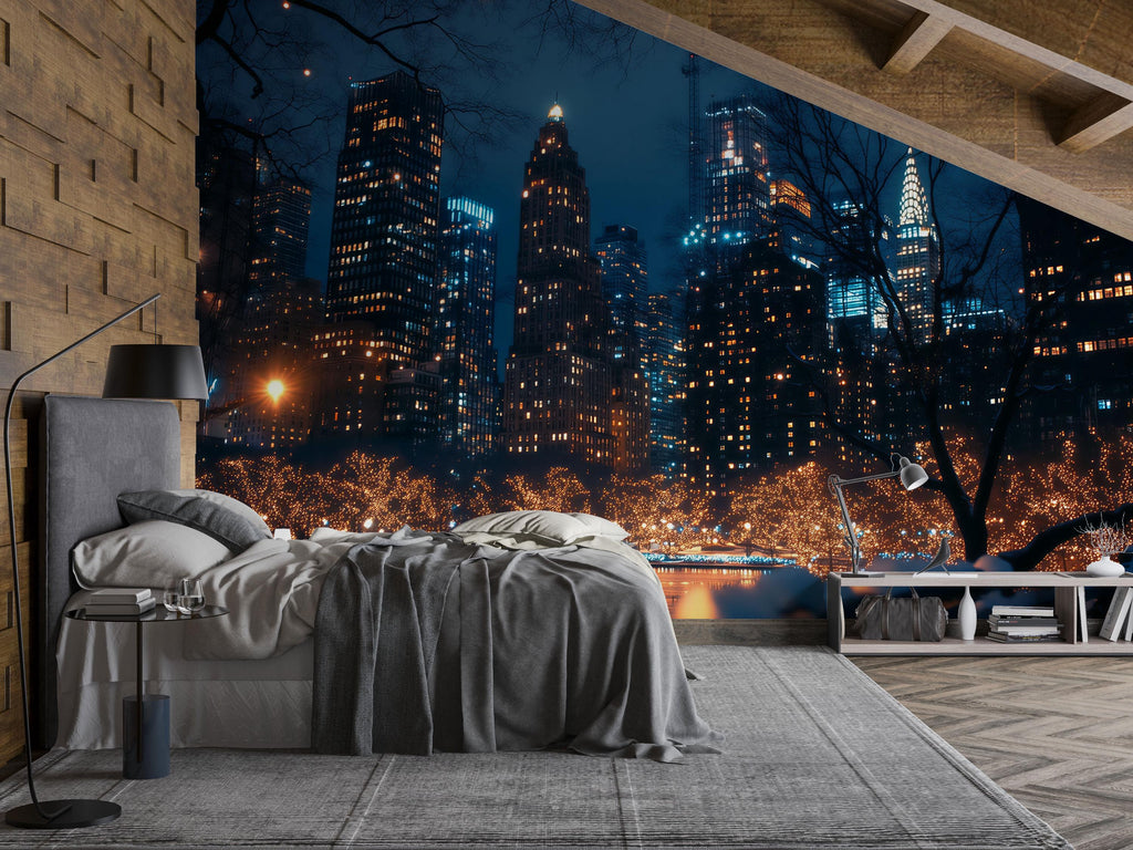 NYC Night Skyline Wallpaper Mural – 3D City Lights Wall Decor For Bedroom Or Living Room – Modern Bold Stylish Wall Art Gift Idea For Home