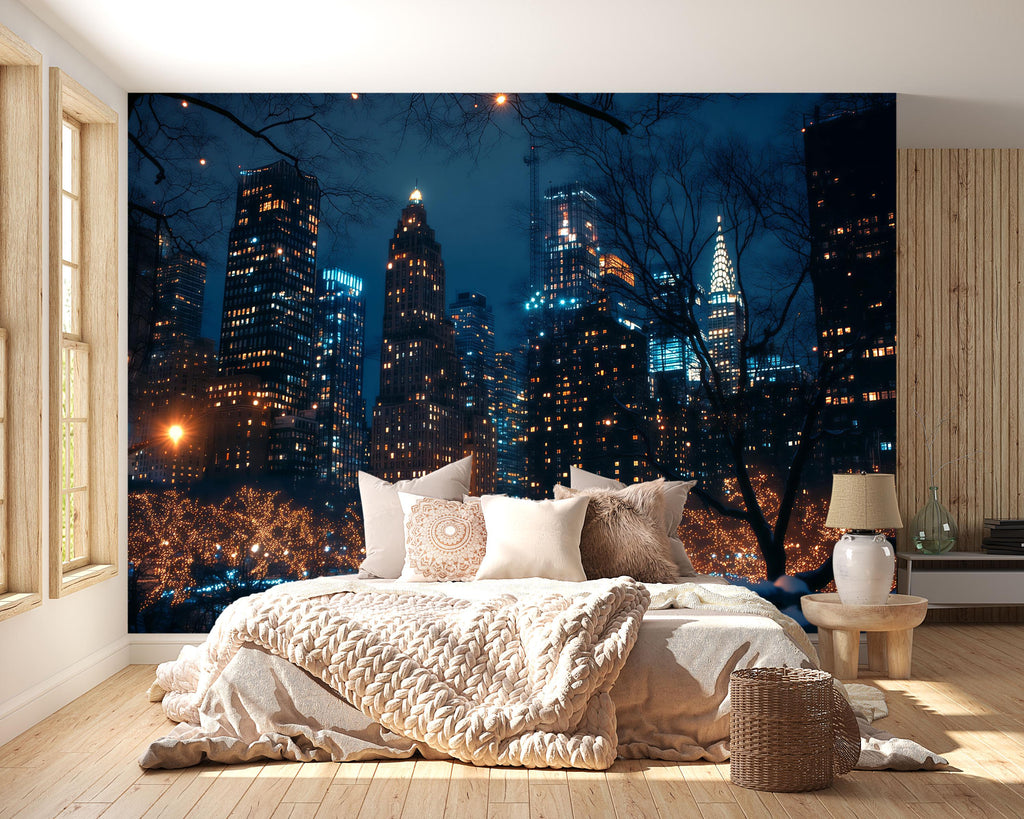 NYC Night Skyline Wallpaper Mural – 3D City Lights Wall Decor For Bedroom Or Living Room – Modern Bold Stylish Wall Art Gift Idea For Home