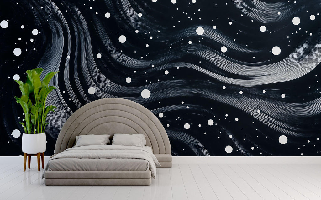 Starry Night Waves 3D Wallpaper – Modern Black and White Abstract Cosmic Wall Mural for Living Room, Bedroom, or Office – Stylish Statement