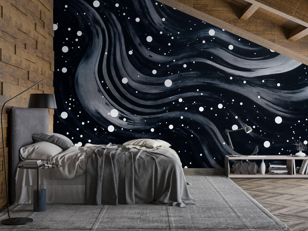 Starry Night Waves 3D Wallpaper – Modern Black and White Abstract Cosmic Wall Mural for Living Room, Bedroom, or Office – Stylish Statement