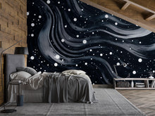 Load image into Gallery viewer, Starry Night Waves 3D Wallpaper – Modern Black and White Abstract Cosmic Wall Mural for Living Room, Bedroom, or Office – Stylish Statement