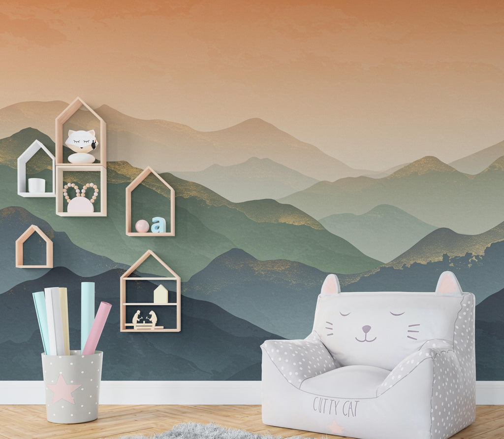 Mountain Wallpaper watercolor Peel and Stick Mountain Watercolor Wallpaper Mountain Wall Art Pine Tree Nature Wallpaper Blue Mountain Mural