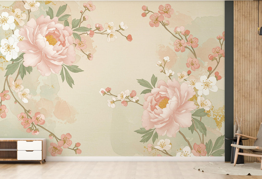 Chinoiserie Cherry Blossom Wall Mural: Antique Gold Birds, Silk Texture