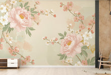 Load image into Gallery viewer, Chinoiserie Cherry Blossom Wall Mural: Antique Gold Birds, Silk Texture