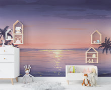 Load image into Gallery viewer, Watercolor Sunset Beach Wallpaper Mural: Palm Tree Ocean Wall Art