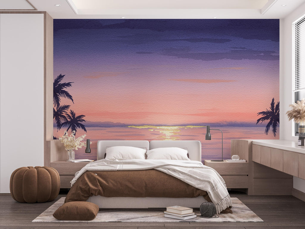 Watercolor Sunset Beach Wallpaper Mural: Palm Tree Ocean Wall Art