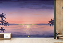 Load image into Gallery viewer, Watercolor Sunset Beach Wallpaper Mural: Palm Tree Ocean Wall Art