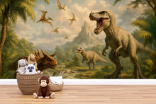 Load image into Gallery viewer, Dinosaur Nursery Wallpaper Mural | 3D T-Rex Jungle Wall Decor | Kids Room Dinosaur Wall Art | Prehistoric Dinosaur Wallpaper For Boys Girls