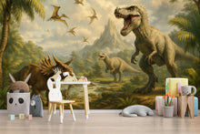 Load image into Gallery viewer, Dinosaur Nursery Wallpaper Mural | 3D T-Rex Jungle Wall Decor | Kids Room Dinosaur Wall Art | Prehistoric Dinosaur Wallpaper For Boys Girls