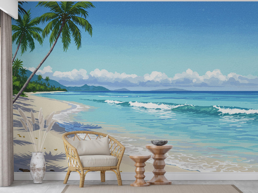 Palm Beach Wallpaper Watercolor Sea Palm Beach Mural with Ocean Beach Wall Art for Nursery Bedroom or Living Room 840RS