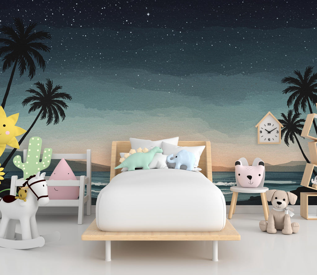 Palm Beach By Night Wallpaper Watercolor Sea Palm Beach Mural with Ocean Beach Wall Art for Nursery Bedroom or Living Room 841RS