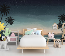 Load image into Gallery viewer, Palm Beach By Night Wallpaper Watercolor Sea Palm Beach Mural with Ocean Beach Wall Art for Nursery Bedroom or Living Room 841RS