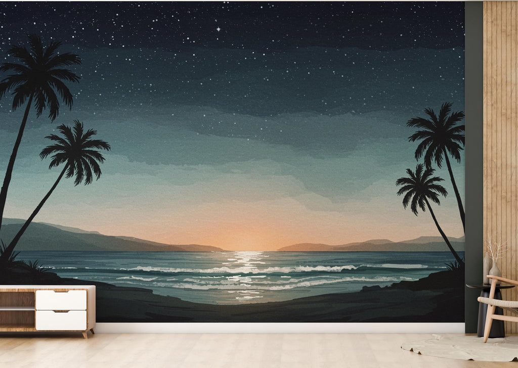 Palm Beach By Night Wallpaper Watercolor Sea Palm Beach Mural with Ocean Beach Wall Art for Nursery Bedroom or Living Room 841RS