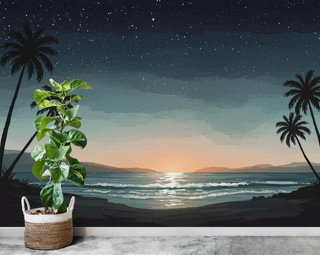 Palm Beach By Night Wallpaper Watercolor Sea Palm Beach Mural with Ocean Beach Wall Art for Nursery Bedroom or Living Room 841RS