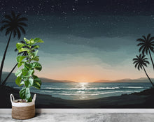 Load image into Gallery viewer, Palm Beach By Night Wallpaper Watercolor Sea Palm Beach Mural with Ocean Beach Wall Art for Nursery Bedroom or Living Room 841RS