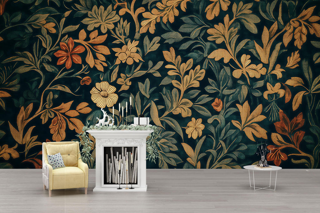 Elegant Dark Floral 3D Wallpaper – Vintage Botanical Wall Mural with Golden and Rust Blooms – Luxury Statement Wall Art for Living Room