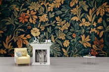 Load image into Gallery viewer, Elegant Dark Floral 3D Wallpaper – Vintage Botanical Wall Mural with Golden and Rust Blooms – Luxury Statement Wall Art for Living Room