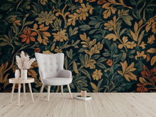 Load image into Gallery viewer, Elegant Dark Floral 3D Wallpaper – Vintage Botanical Wall Mural with Golden and Rust Blooms – Luxury Statement Wall Art for Living Room