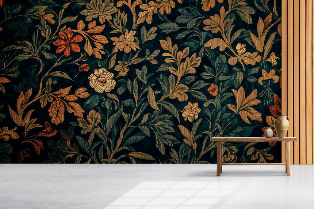 Elegant Dark Floral 3D Wallpaper – Vintage Botanical Wall Mural with Golden and Rust Blooms – Luxury Statement Wall Art for Living Room