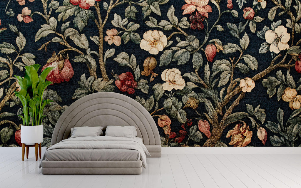 Vintage Dark Floral 3D Wallpaper – Elegant Botanical Wall Mural with Classic Garden Flowers – Traditional Statement Wall Art for Living Room