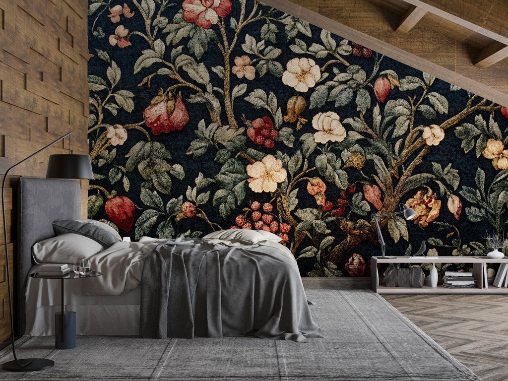 Vintage Dark Floral 3D Wallpaper – Elegant Botanical Wall Mural with Classic Garden Flowers – Traditional Statement Wall Art for Living Room